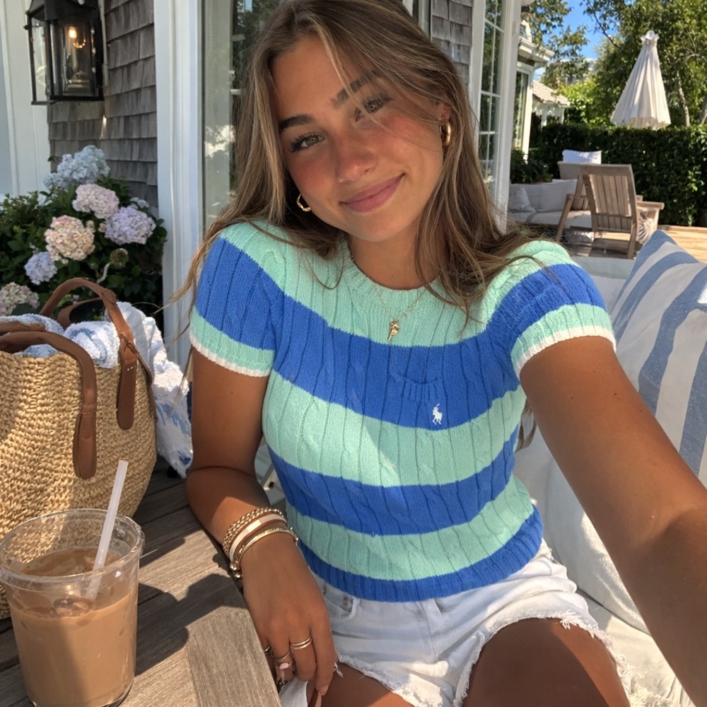 Ralph Lauren Blue & Mint Striped Cable-Knit Top